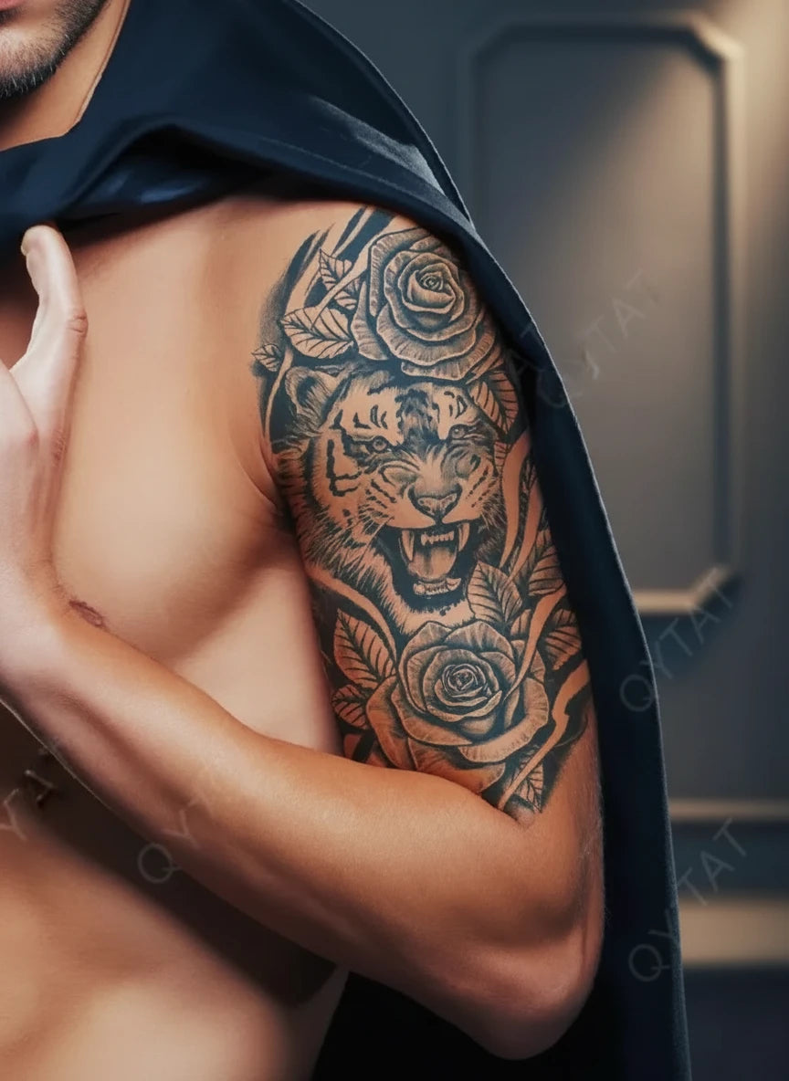 Tiger & Roses Temporary Tattoo (Large)